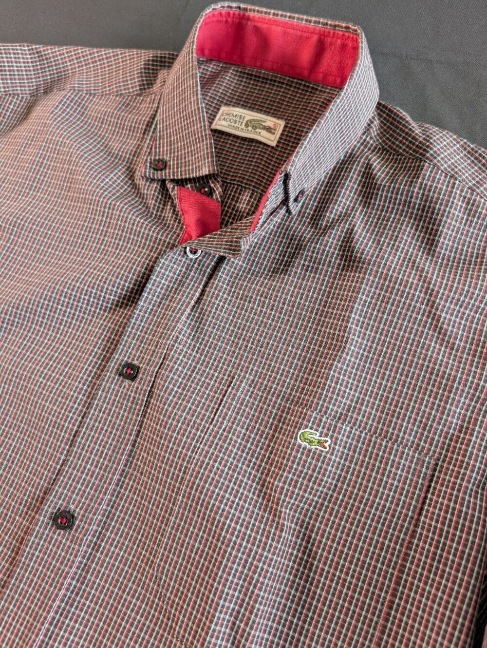 Lacoste Men’s Red and Black Micro-Check Button-Down Shirt Made In France M